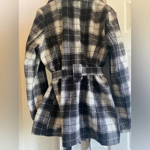 FASHION NOVA 🖤💖🤍PLAID BUTTON FRONT PEACOAT-WITH SASH & DETACHABLE HOODIE-XL - Picture 8 of 16